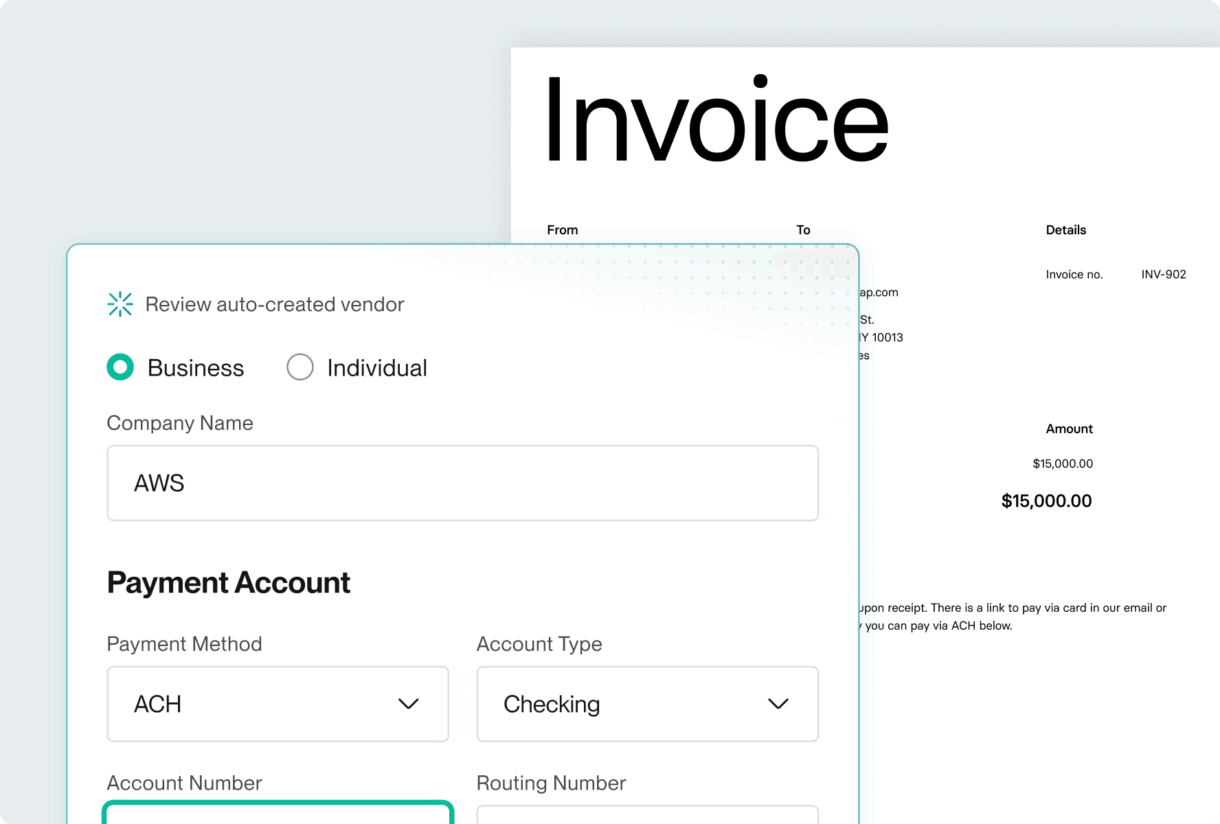 Invoice interface showing options for selecting vendor type, company name, and payment account details, with $15,000 total displayed.