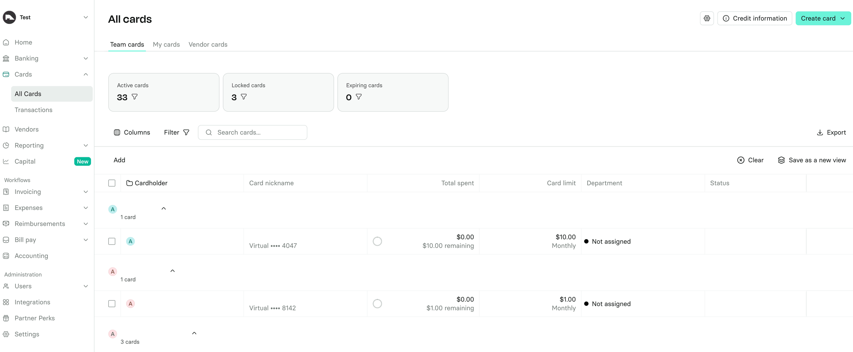 The All cards page with active, locked and expiring card tiles above the card table grouped by cardholder