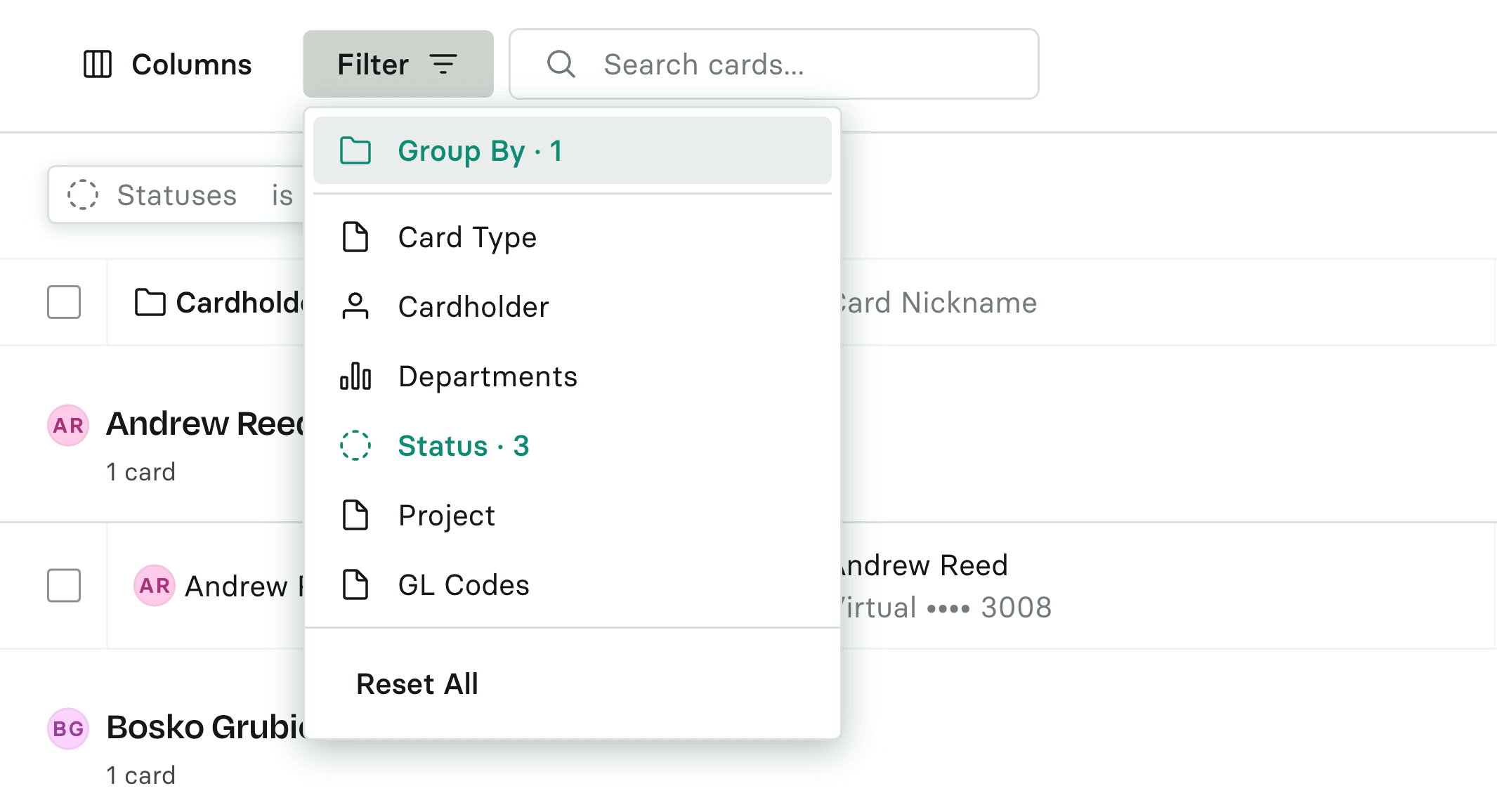 The All cards page with the Filter menu open, offering grouping by card type, cardholder, department, status, project or GL code