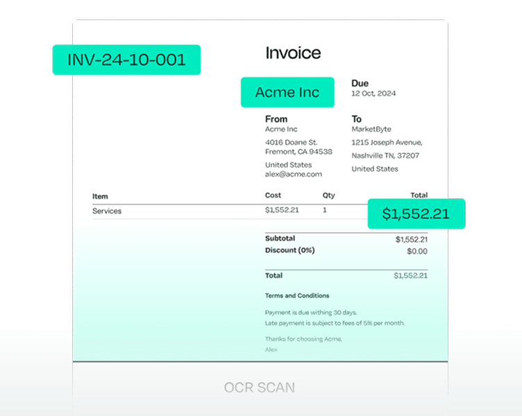 Invoice from Acme Inc dated Oct 12, 2024, for services totaling $1,552.21. Invoice number: INV-24-10-001.