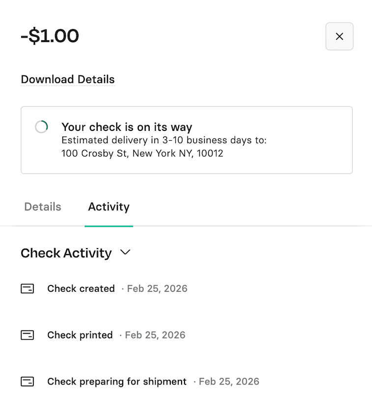 A check payment's details showing Your check is on its way with the estimated delivery window and a check activity timeline