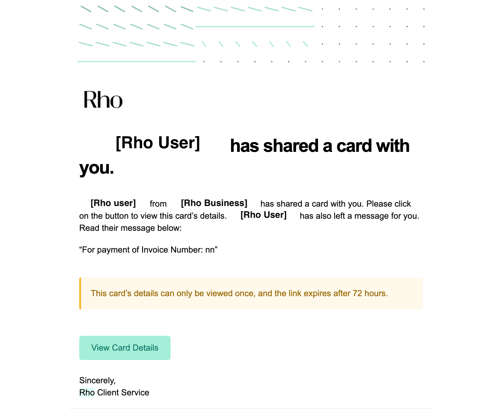 An email telling a vendor that a card has been shared with them, with a note that the details can be viewed only once and the link expires after 72 hours, and a View Card Details button