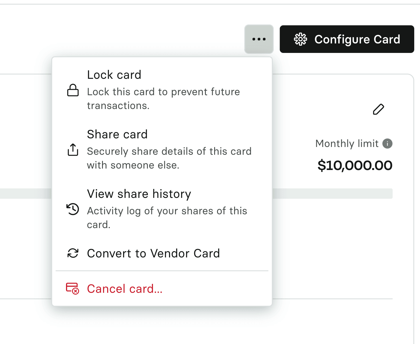 A card's more menu open, showing lock card, share card, view share history, convert to vendor card and cancel card